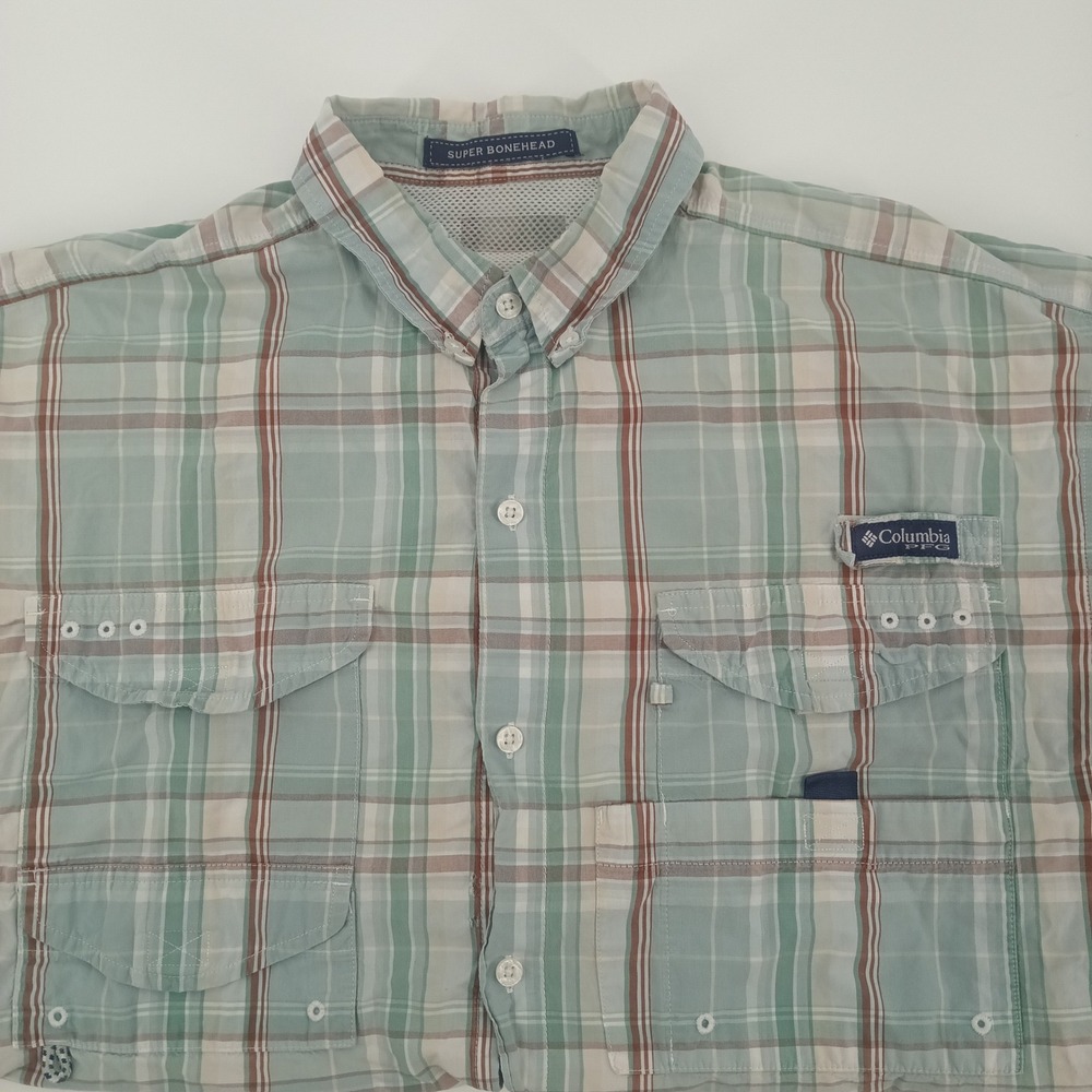 Columbia PFG Super Bonehead Mens Large Plaid Fishing Shirt Sage Green S/S